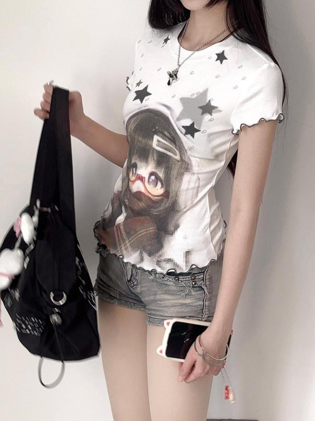 Kyouko Baby Star Print Patchwork Bjd Inspired Women's Lightweight Short Sleeve T-shirts