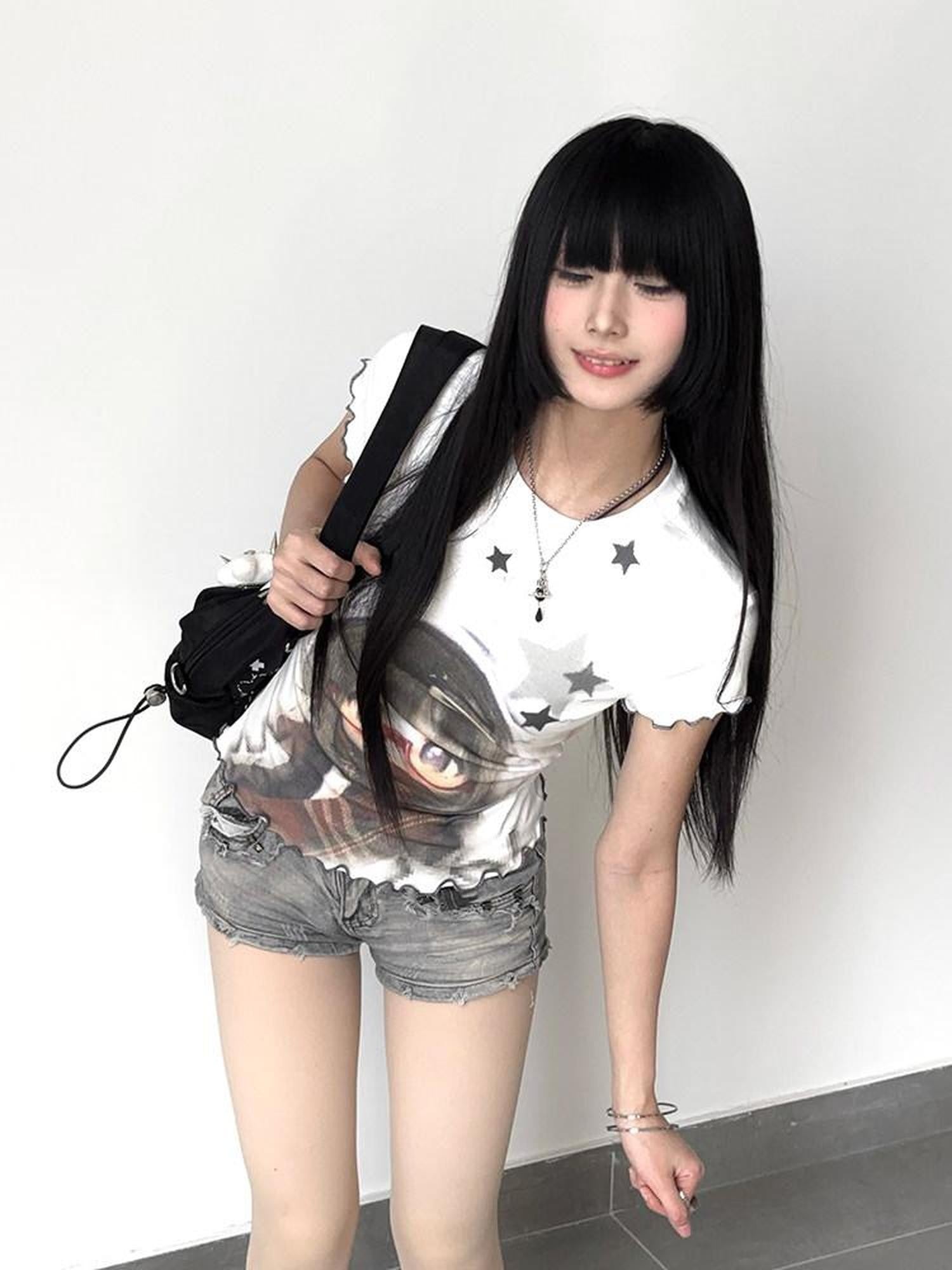 Kyouko Baby Star Print Patchwork Bjd Inspired Women's Lightweight Short Sleeve T-shirts