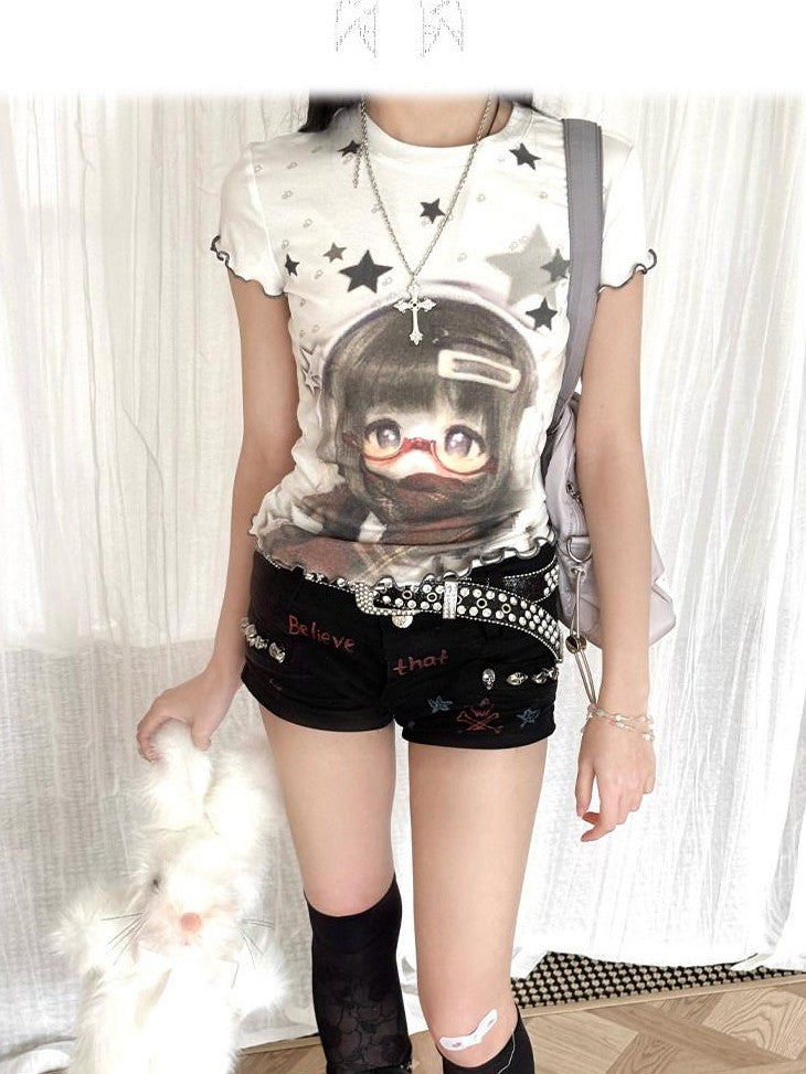 Kyouko Baby Star Print Patchwork Bjd Inspired Women's Lightweight Short Sleeve T-shirts