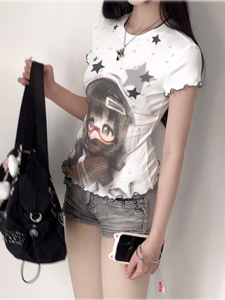 Kyouko Baby Star Print Patchwork Bjd Inspired Women's Lightweight Short Sleeve T-shirts