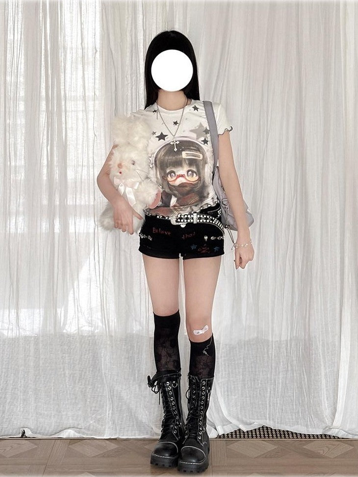 Kyouko Baby Star Print Patchwork Bjd Inspired Women's Lightweight Short Sleeve T-shirts