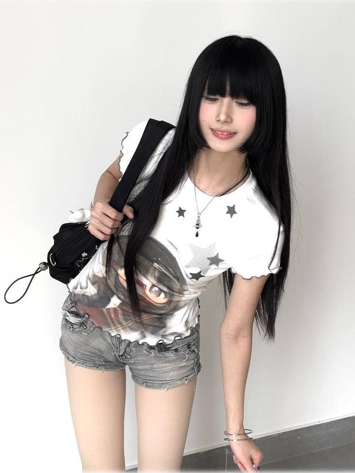 Kyouko Baby Star Print Patchwork Bjd Inspired Women's Lightweight Short Sleeve T-shirts