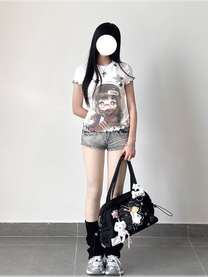 Kyouko Baby Star Print Patchwork Bjd Inspired Women's Lightweight Short Sleeve T-shirts