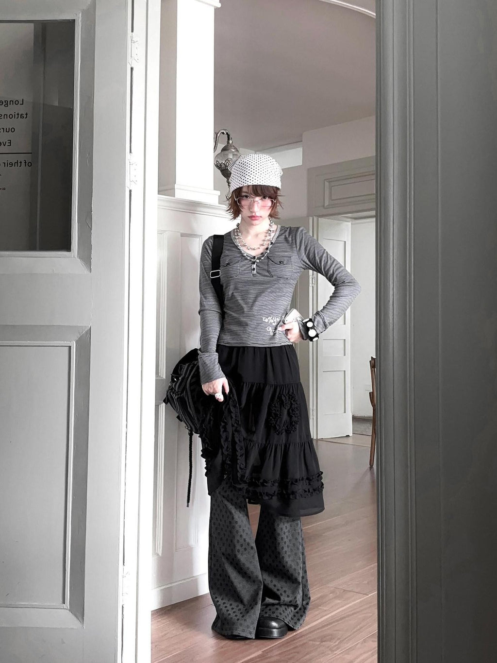 Kyouko Baby Striped Rhinestone Layered Long Sleeve Women's Casual Top & Skirt Sets