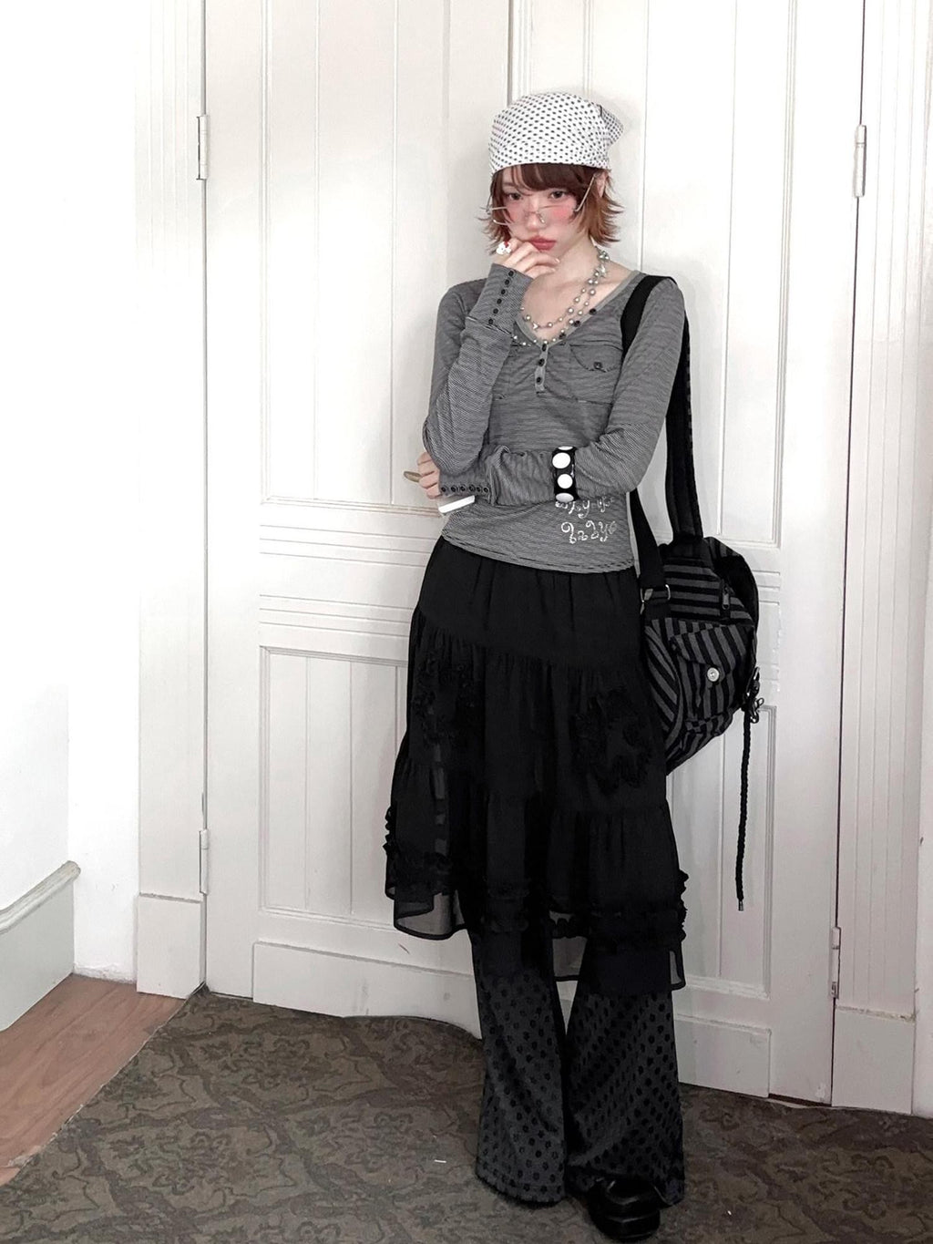 Kyouko Baby Striped Rhinestone Layered Long Sleeve Women's Casual Top & Skirt Sets