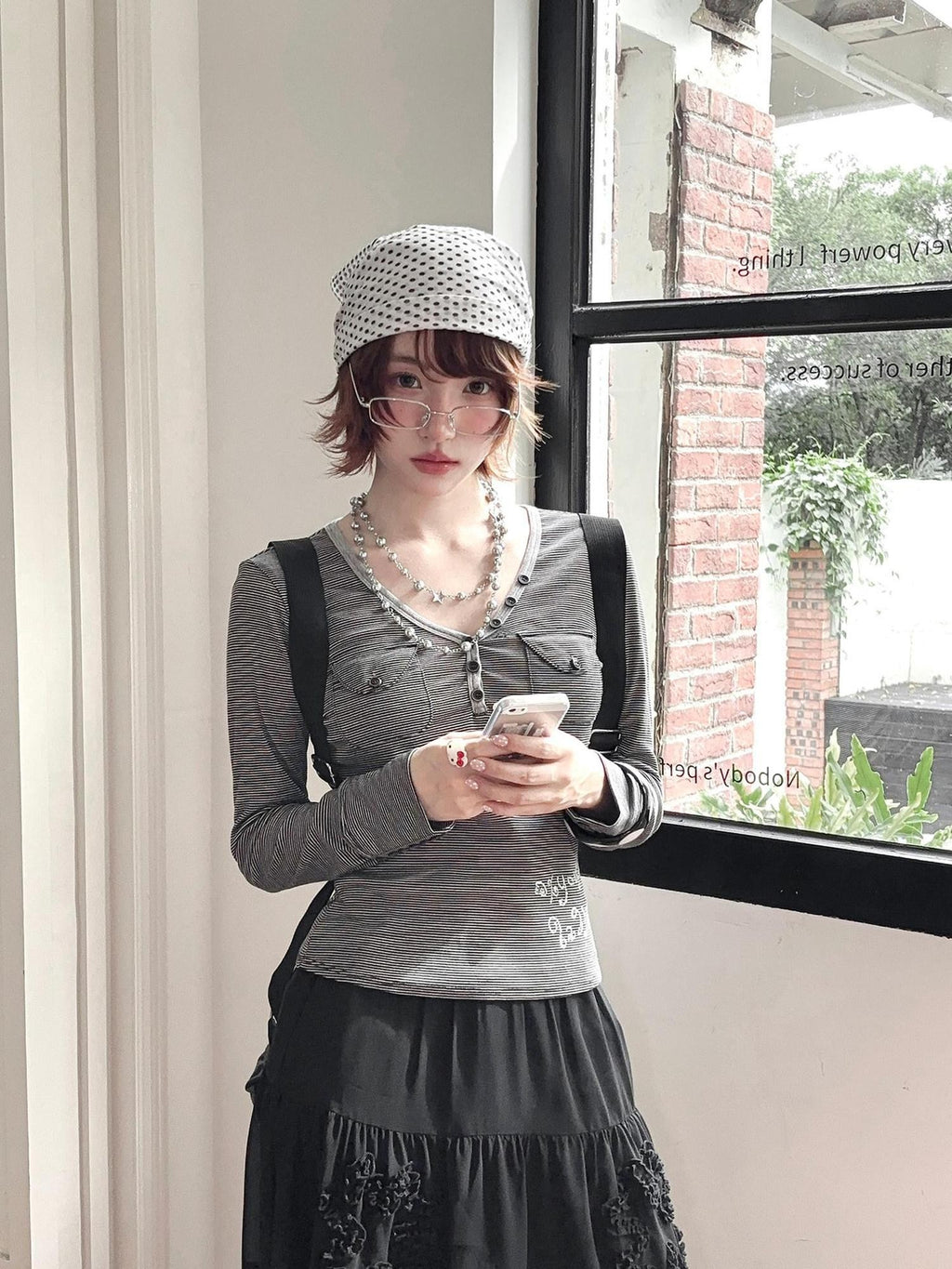 Kyouko Baby Striped Rhinestone Layered Long Sleeve Women's Casual Top & Skirt Sets