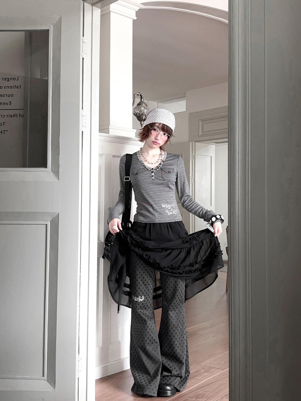 Kyouko Baby Striped Rhinestone Layered Long Sleeve Women's Casual Top & Skirt Sets