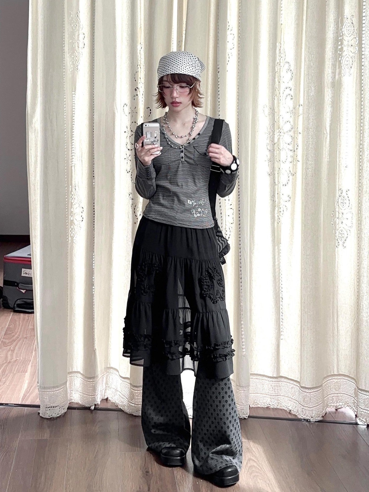 Kyouko Baby Striped Rhinestone Layered Long Sleeve Women's Casual Top & Skirt Sets