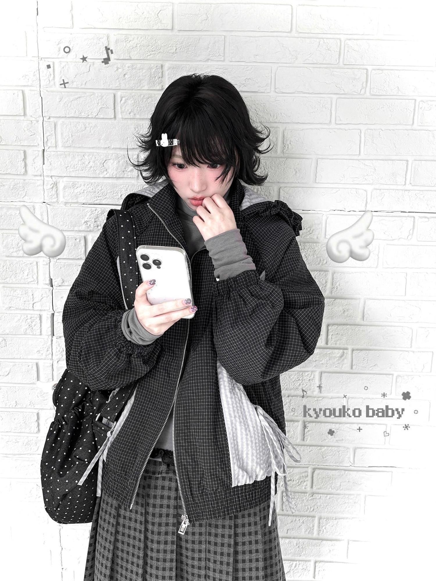 Kyouko Baby Waffle Plaid Hooded Zip Women's Thin Cotton Lightweight Jackets