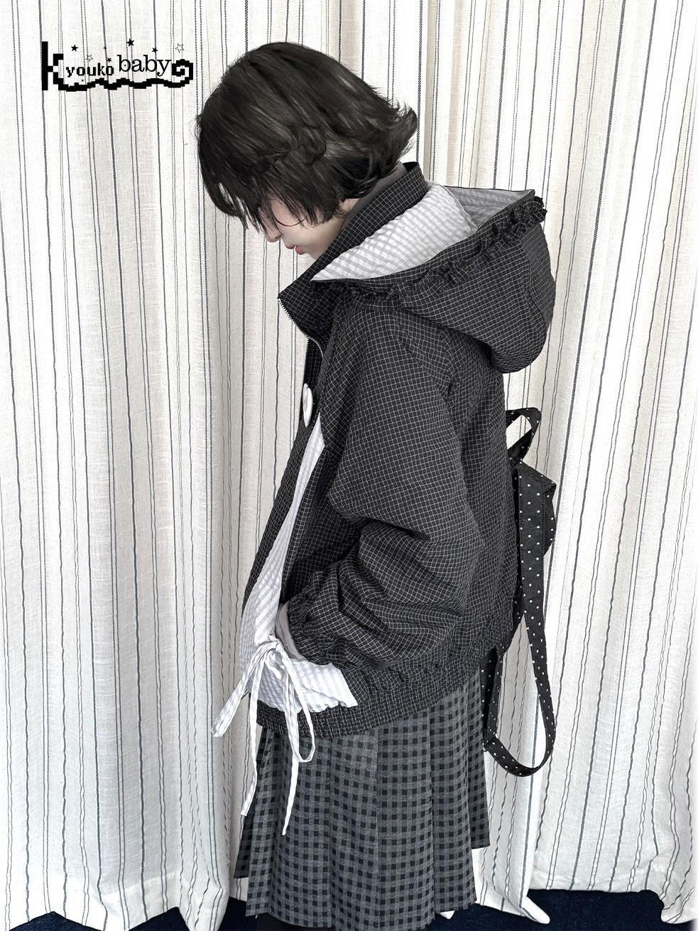 Kyouko Baby Waffle Plaid Hooded Zip Women's Thin Cotton Lightweight Jackets