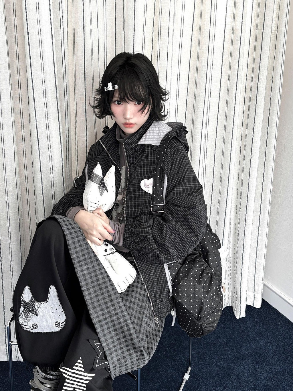 Kyouko Baby Waffle Plaid Hooded Zip Women's Thin Cotton Lightweight Jackets
