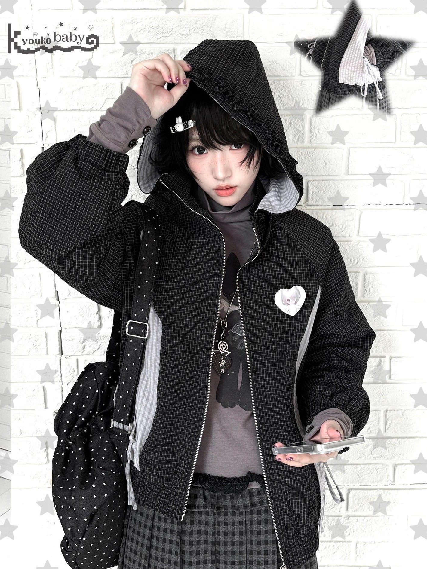 Kyouko Baby Waffle Plaid Hooded Zip Women's Thin Cotton Lightweight Jackets