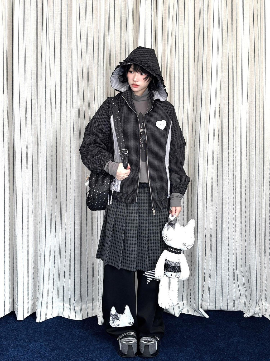 Kyouko Baby Waffle Plaid Hooded Zip Women's Thin Cotton Lightweight Jackets