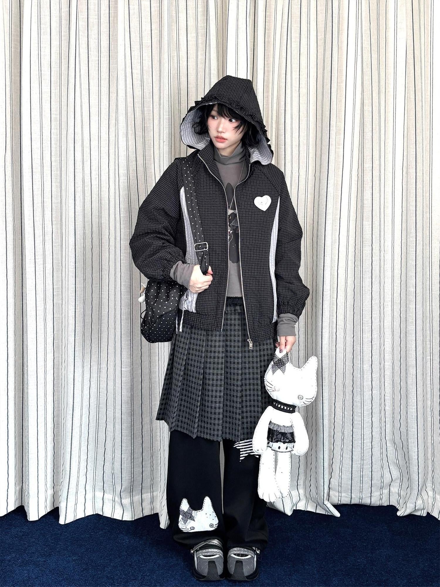 Kyouko Baby Waffle Plaid Hooded Zip Women's Thin Cotton Lightweight Jackets
