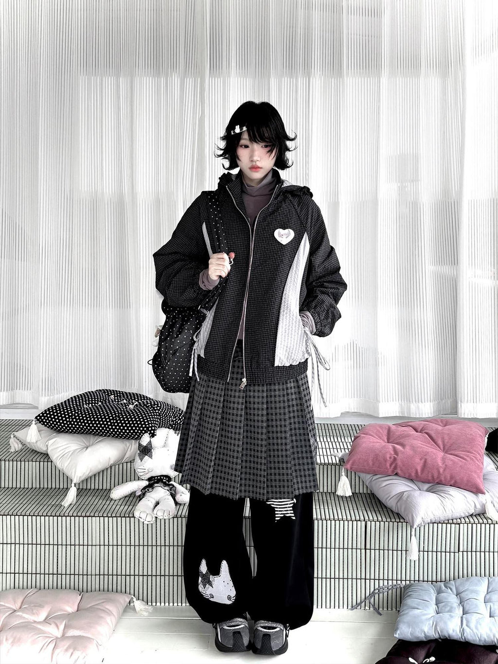 Kyouko Baby Waffle Plaid Hooded Zip Women's Thin Cotton Lightweight Jackets