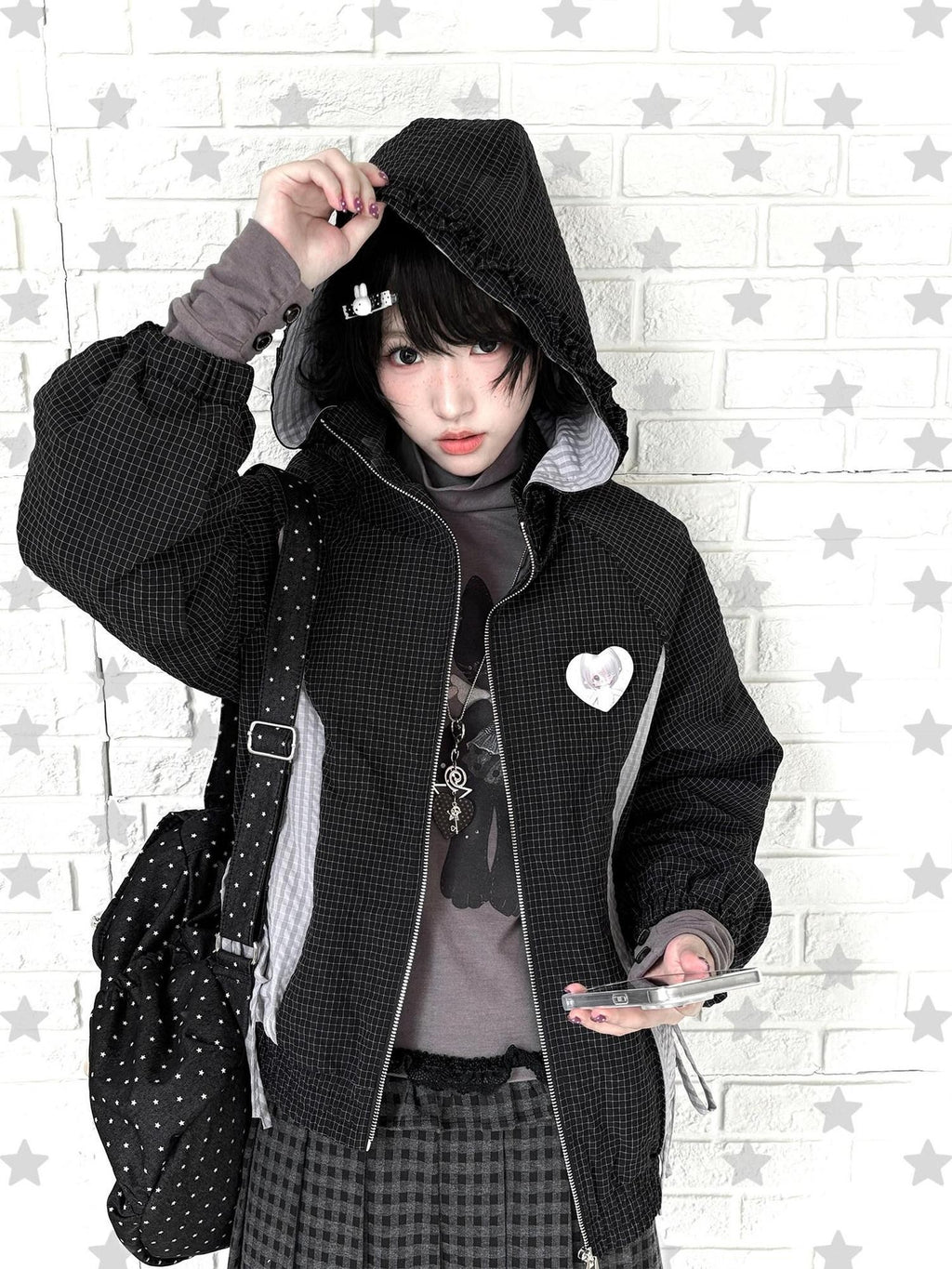 Kyouko Baby Waffle Plaid Hooded Zip Women's Thin Cotton Lightweight Jackets