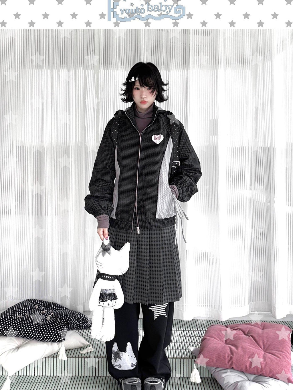 Kyouko Baby Waffle Plaid Hooded Zip Women's Thin Cotton Lightweight Jackets