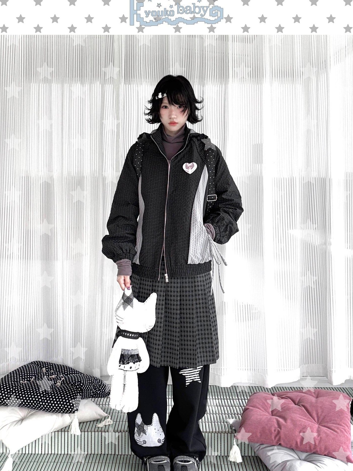 Kyouko Baby Waffle Plaid Hooded Zip Women's Thin Cotton Lightweight Jackets