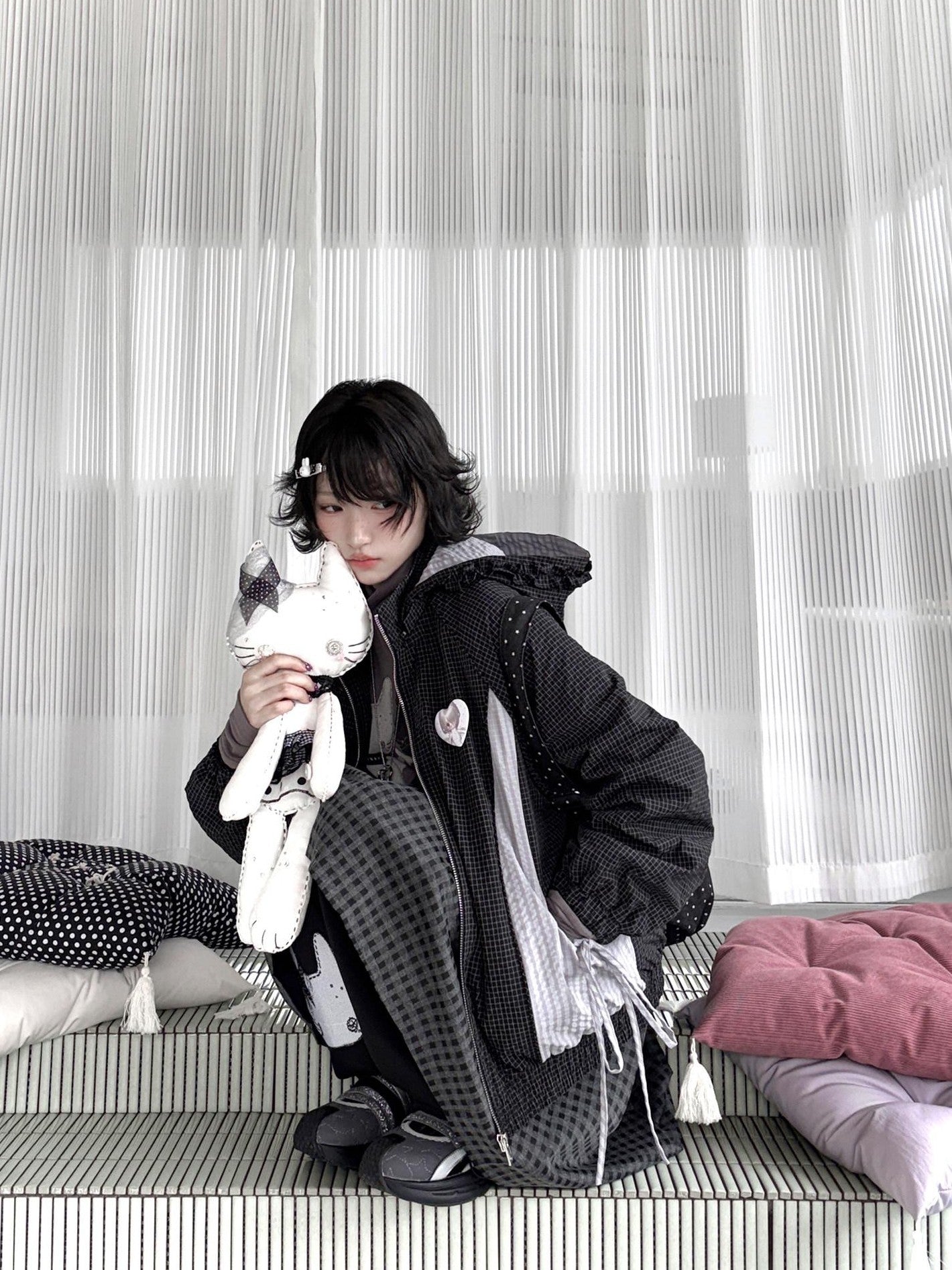 Kyouko Baby Waffle Plaid Hooded Zip Women's Thin Cotton Lightweight Jackets