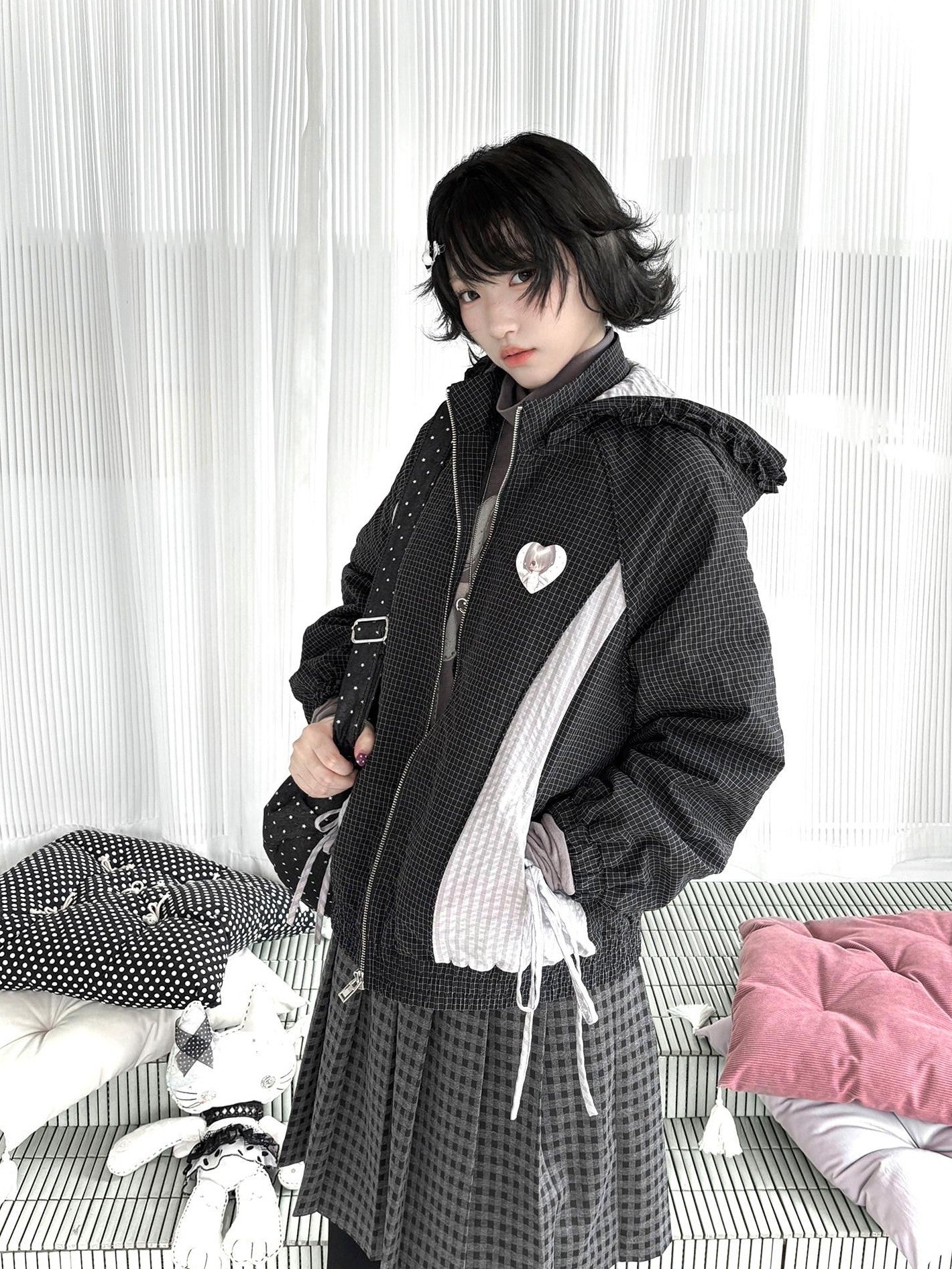 Kyouko Baby Waffle Plaid Hooded Zip Women's Thin Cotton Lightweight Jackets