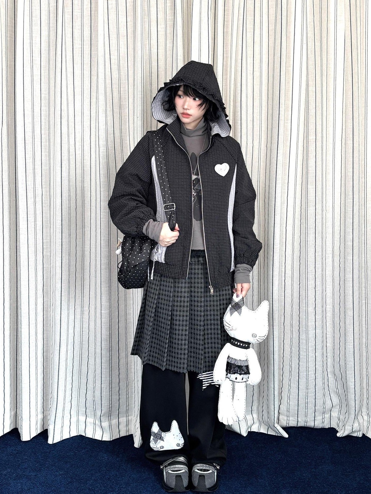 Kyouko Baby Waffle Plaid Hooded Zip Women's Thin Cotton Lightweight Jackets