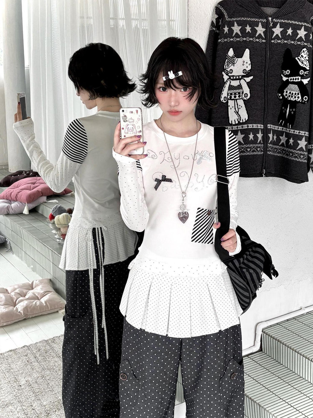 Kyouko Baby White Contrast Spliced Striped Two Piece Women's Long Sleeve Shirts