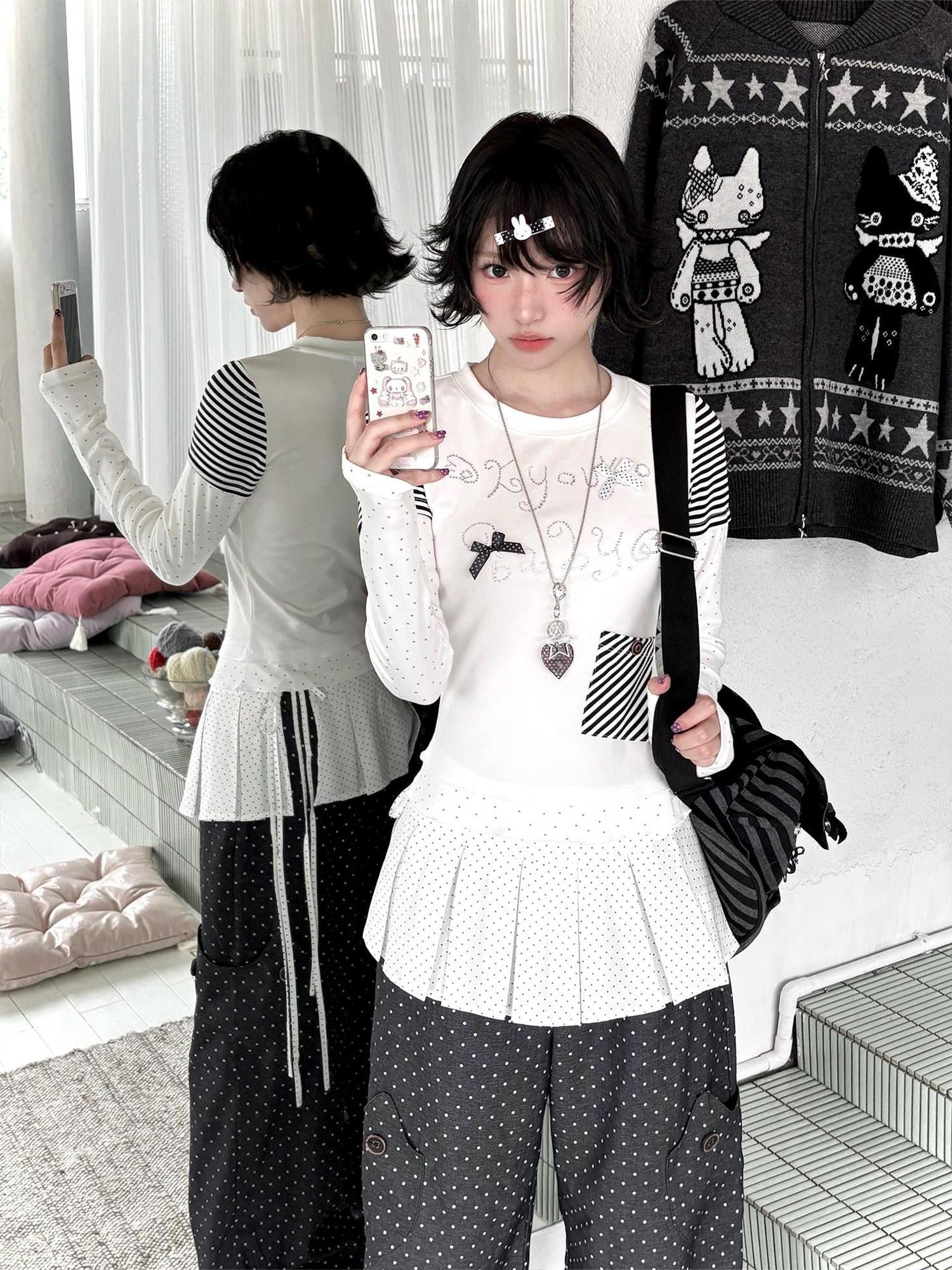 Kyouko Baby White Contrast Spliced Striped Two Piece Women's Long Sleeve Shirts