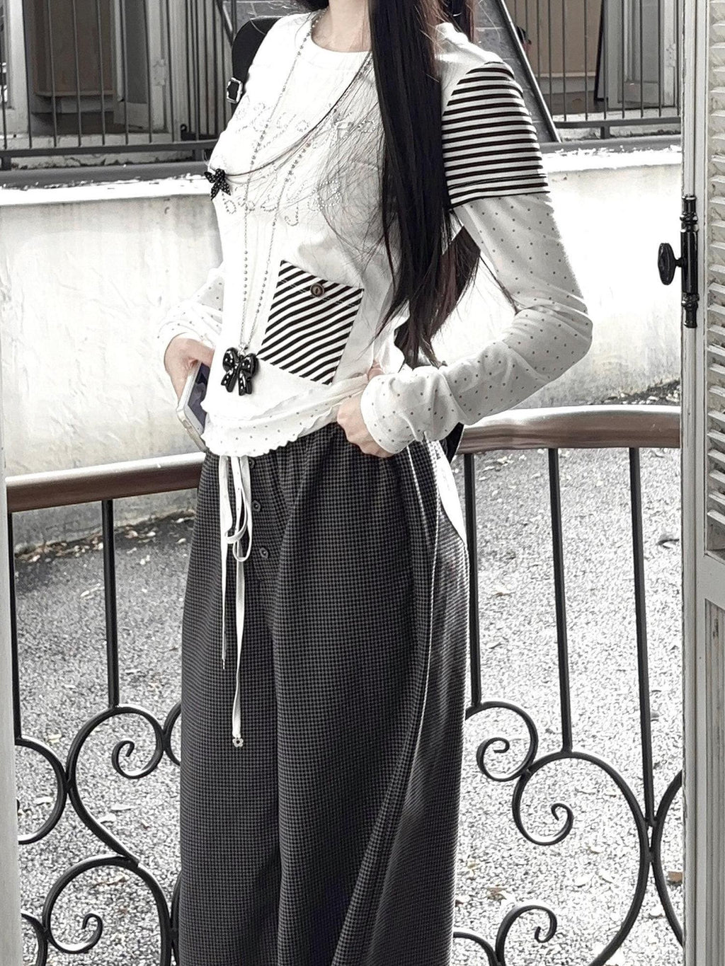 Kyouko Baby White Contrast Spliced Striped Two Piece Women's Long Sleeve Shirts