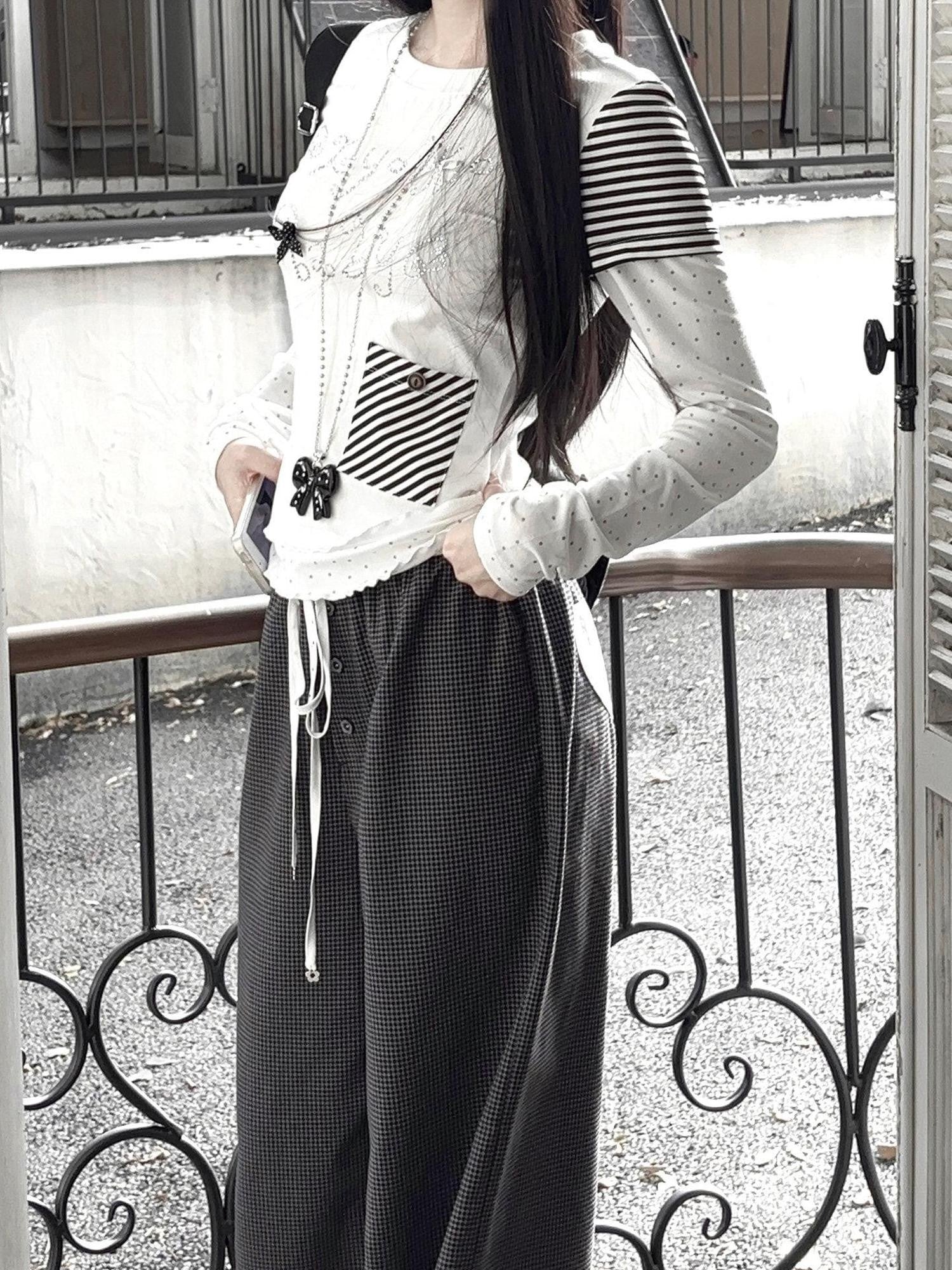 Kyouko Baby White Contrast Spliced Striped Two Piece Women's Long Sleeve Shirts