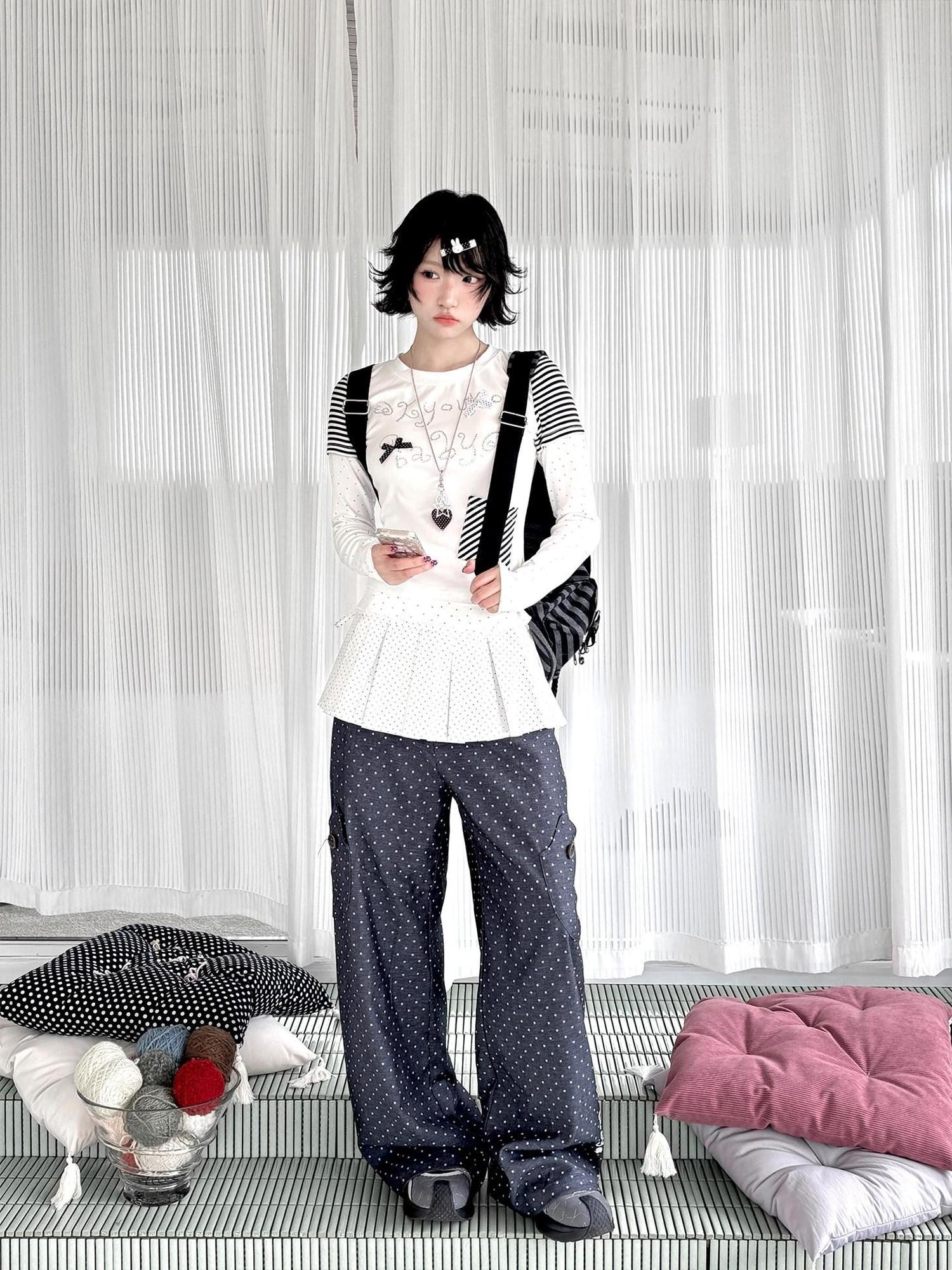 Kyouko Baby White Contrast Spliced Striped Two Piece Women's Long Sleeve Shirts