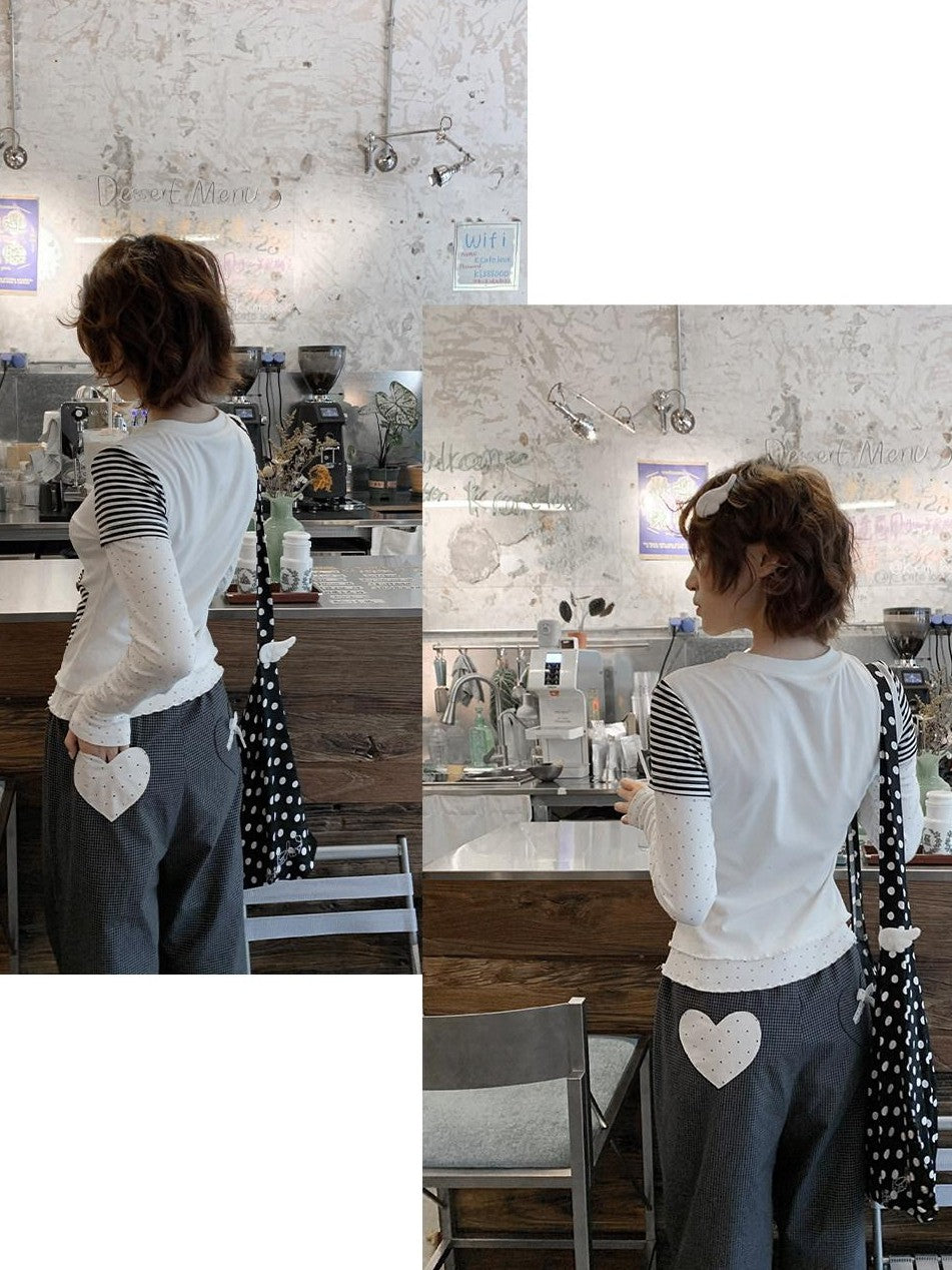 Kyouko Baby White Contrast Spliced Striped Two Piece Women's Long Sleeve Shirts
