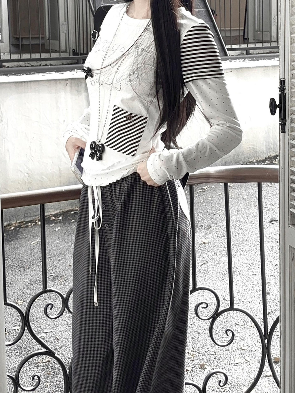 Kyouko Baby White Contrast Spliced Striped Two Piece Women's Long Sleeve Shirts
