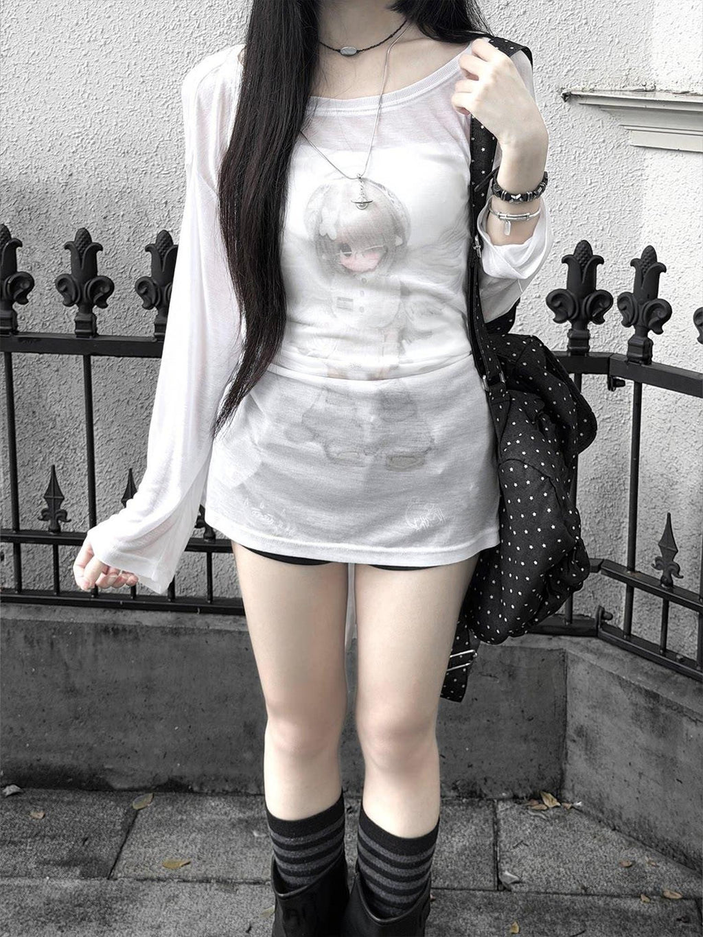 Kyouko Baby White Cross Covenant Print Overlay Women's Long Sleeve T-shirts