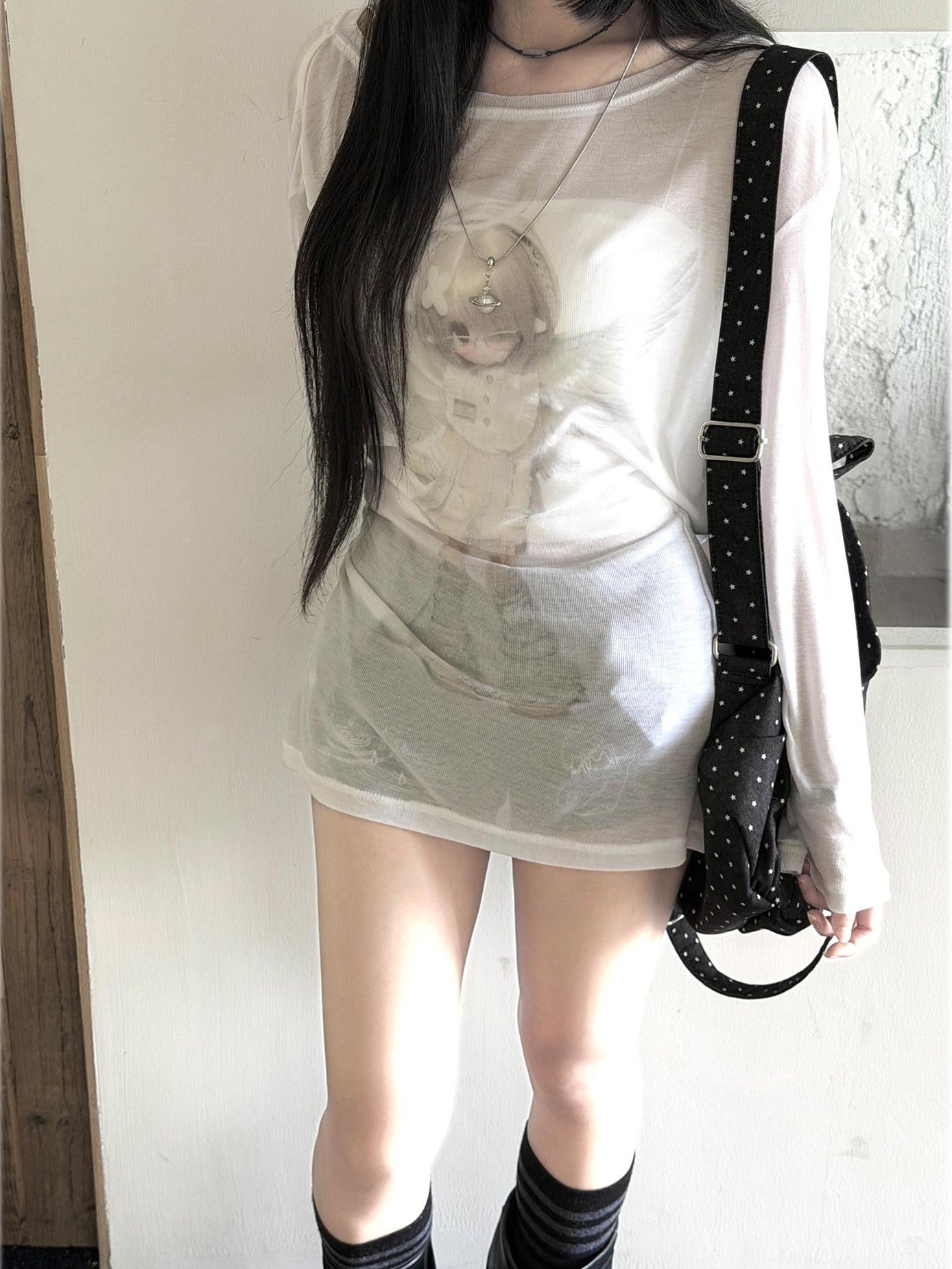 Kyouko Baby White Cross Covenant Print Overlay Women's Long Sleeve T-shirts