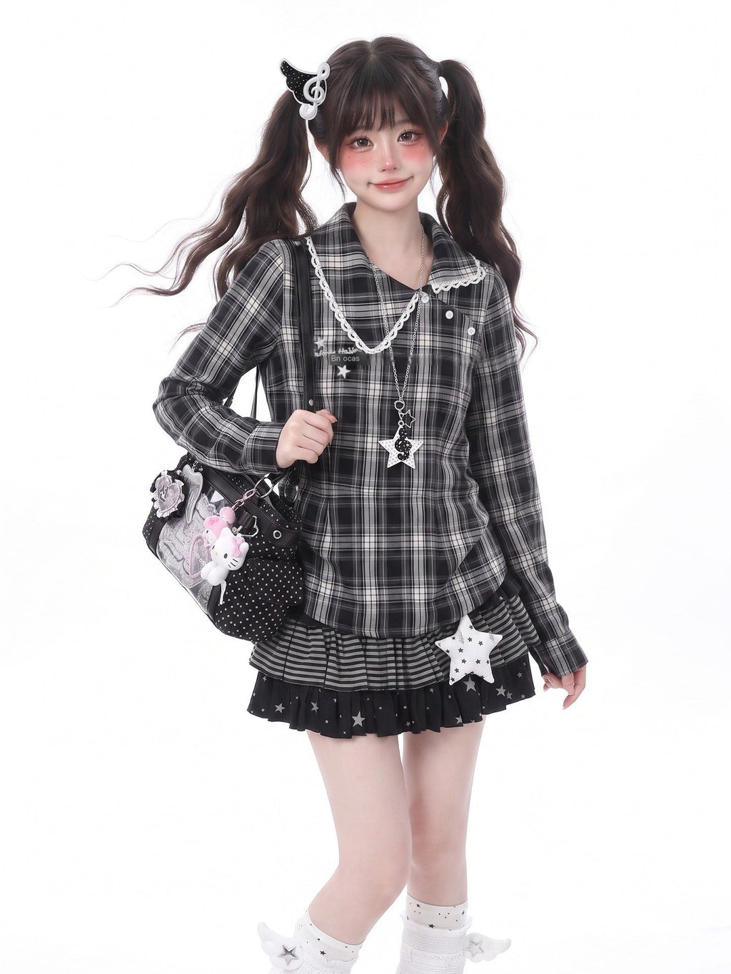 LaceBravo_Academy_Star_Embroidered_Plaid_Waist_Cinched_Women's_Lace_Long_Sleeve_T-shirts_1068668447936_MISSTT