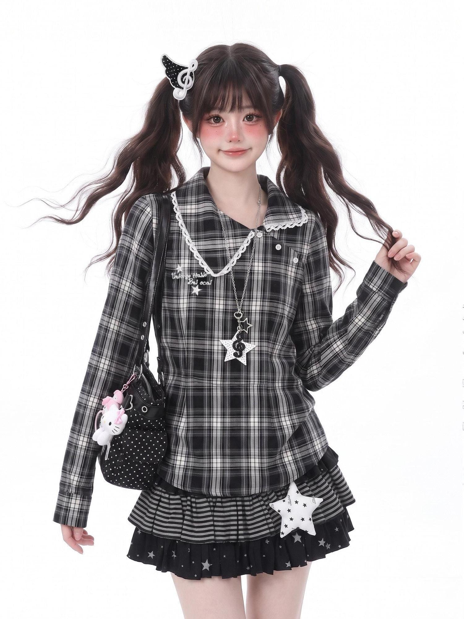 LaceBravo Academy Star Embroidered Plaid Waist Cinched Women's Lace Long Sleeve T-shirts