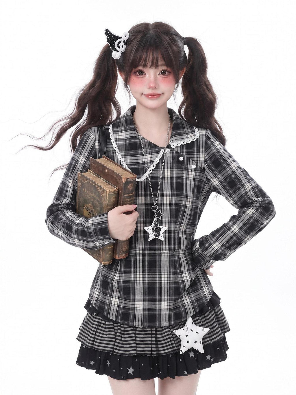LaceBravo Academy Star Embroidered Plaid Waist Cinched Women's Lace Long Sleeve T-shirts