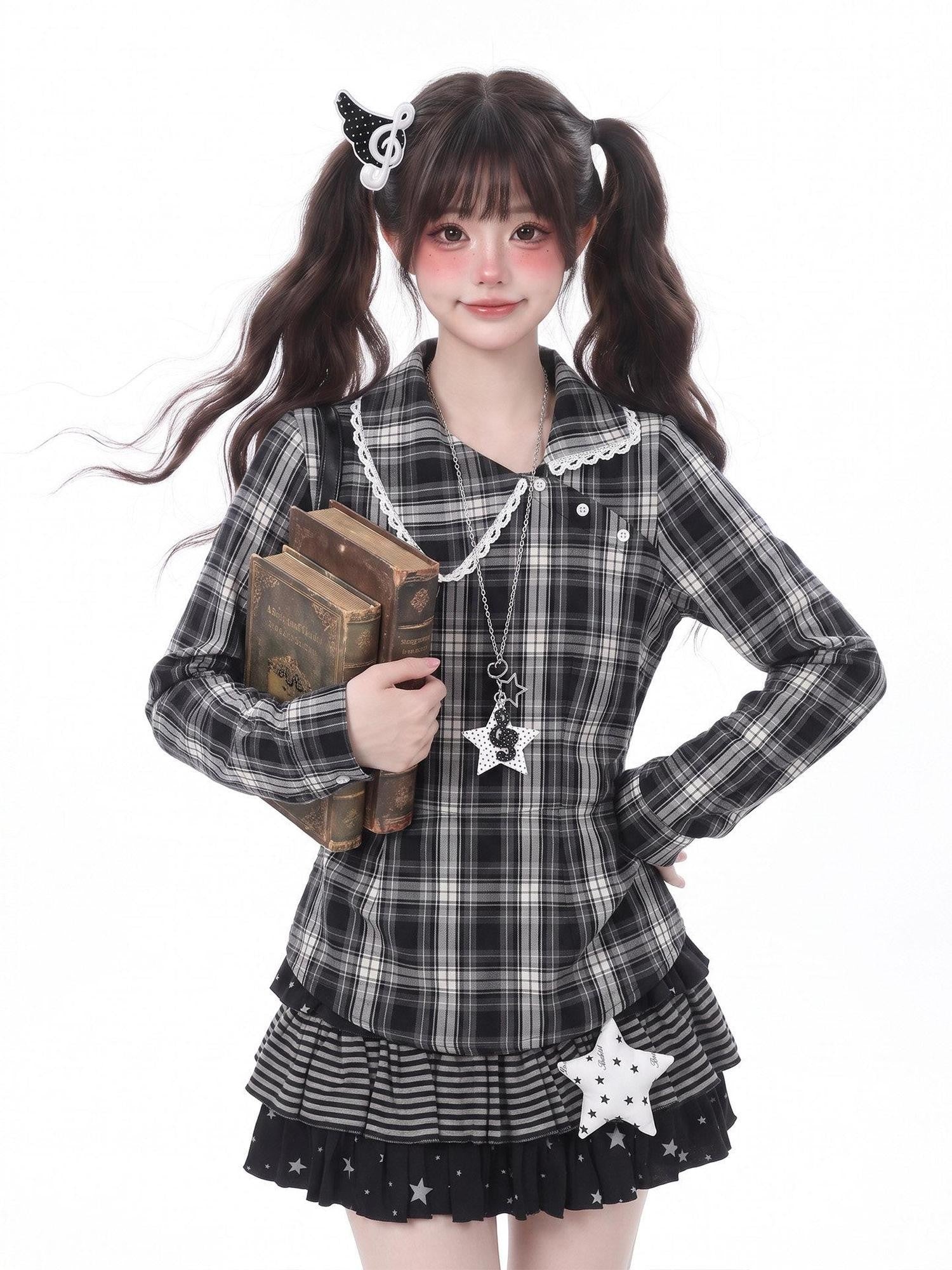 LaceBravo Academy Star Embroidered Plaid Waist Cinched Women's Lace Long Sleeve T-shirts