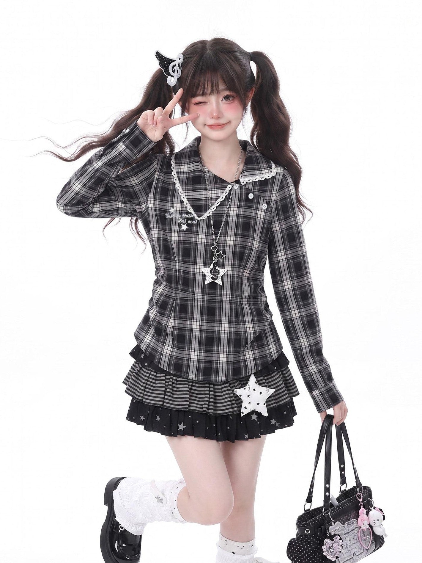 LaceBravo Academy Star Embroidered Plaid Waist Cinched Women's Lace Long Sleeve T-shirts