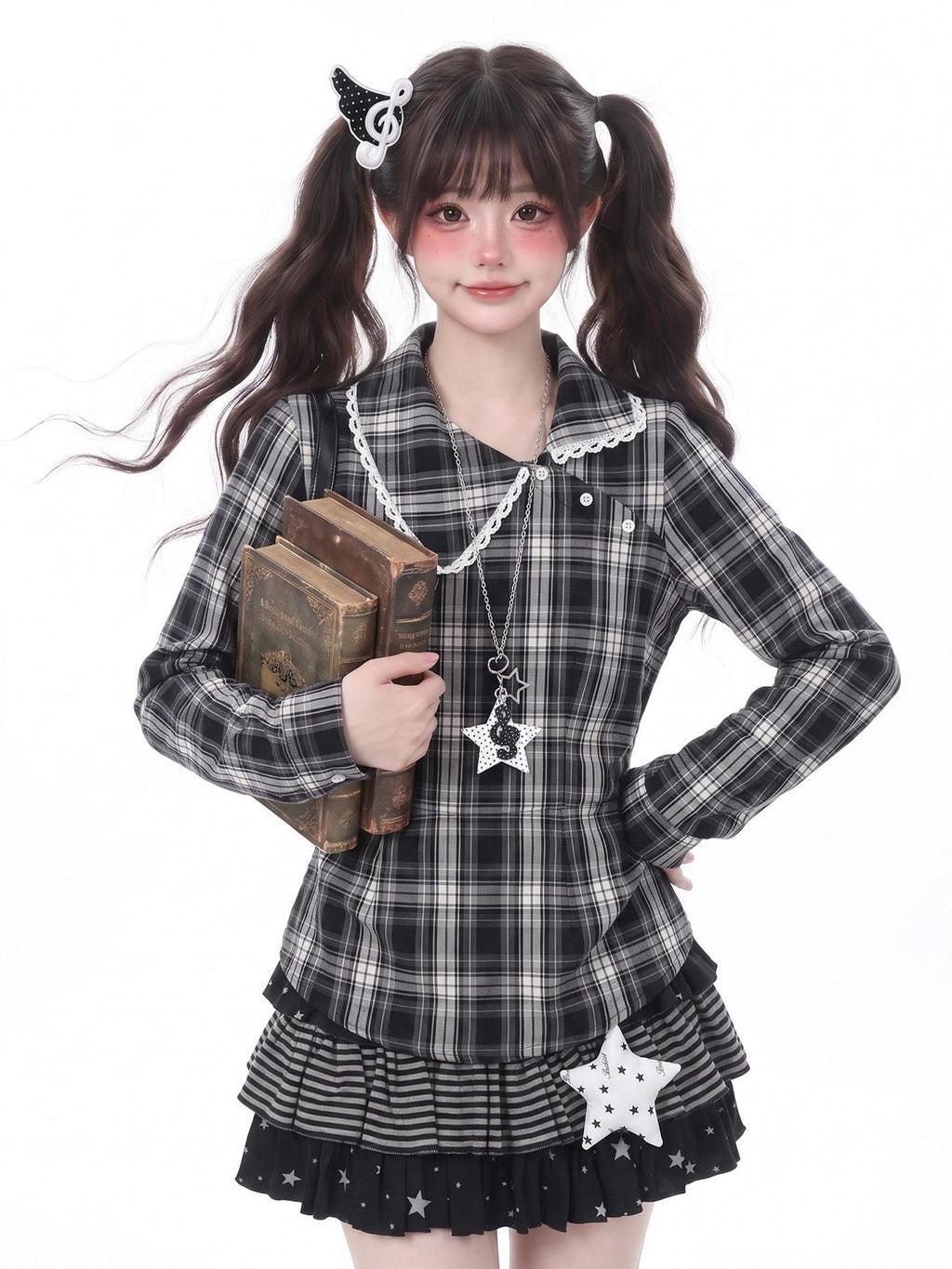 LaceBravo Academy Star Embroidered Plaid Waist Cinched Women's Lace Long Sleeve T-shirts