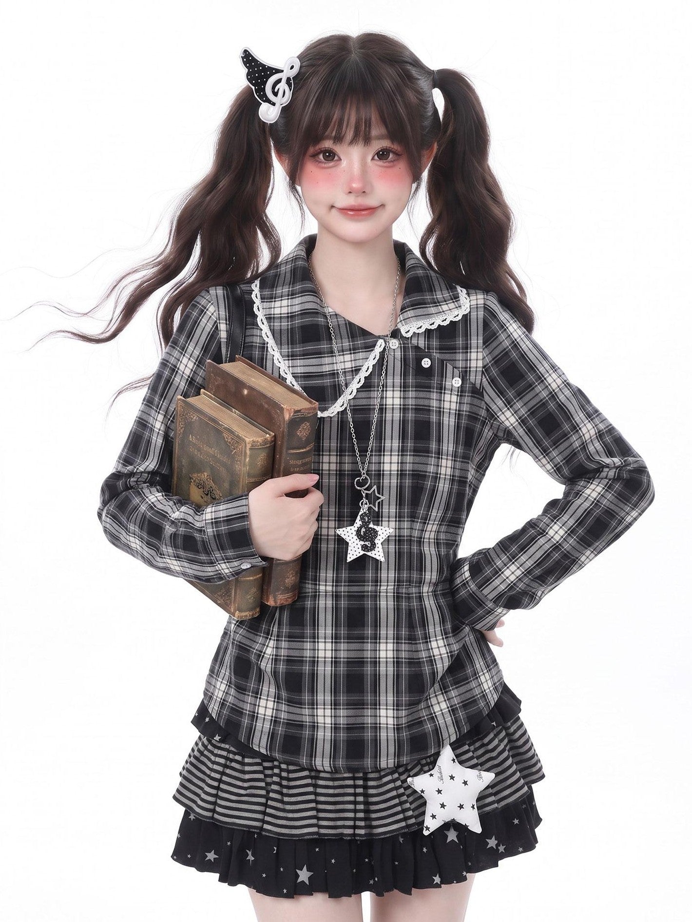 LaceBravo Academy Star Embroidered Plaid Waist Cinched Women's Lace Long Sleeve T-shirts