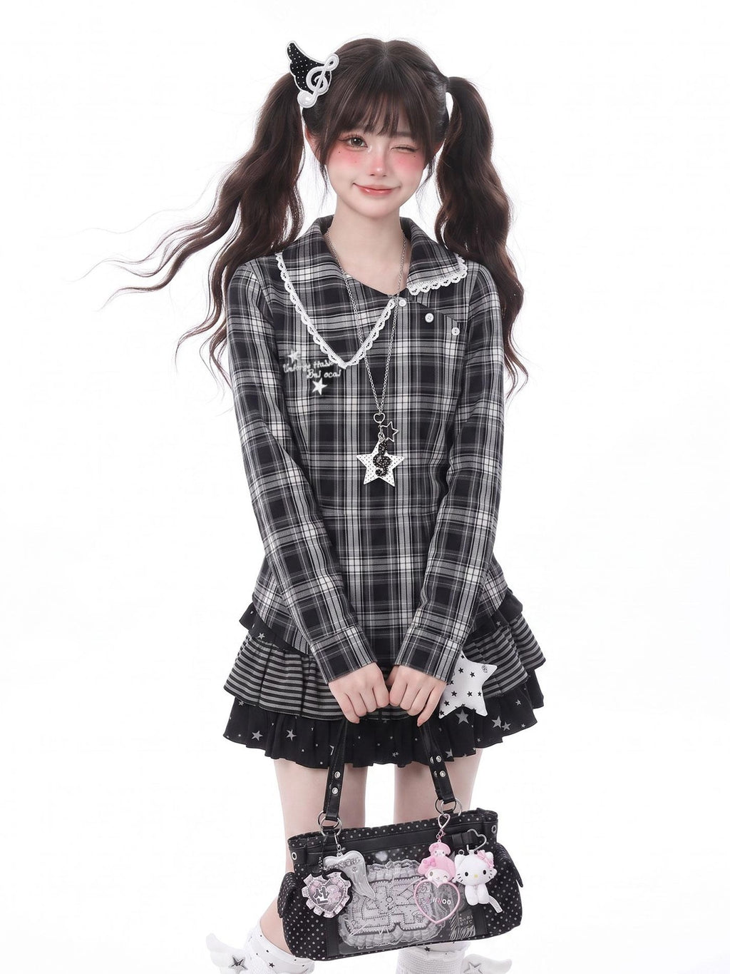 LaceBravo Academy Star Embroidered Plaid Waist Cinched Women's Lace Long Sleeve T-shirts