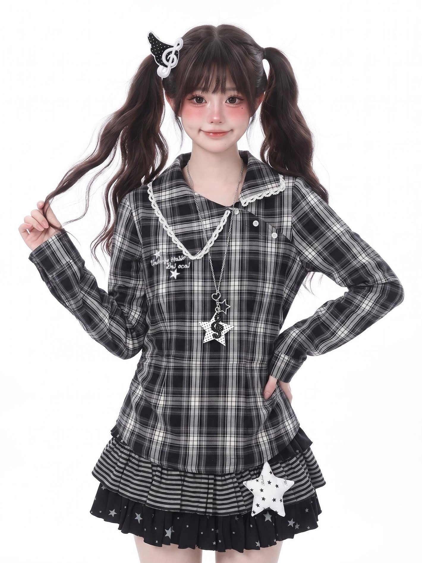 LaceBravo Academy Star Embroidered Plaid Waist Cinched Women's Lace Long Sleeve T-shirts