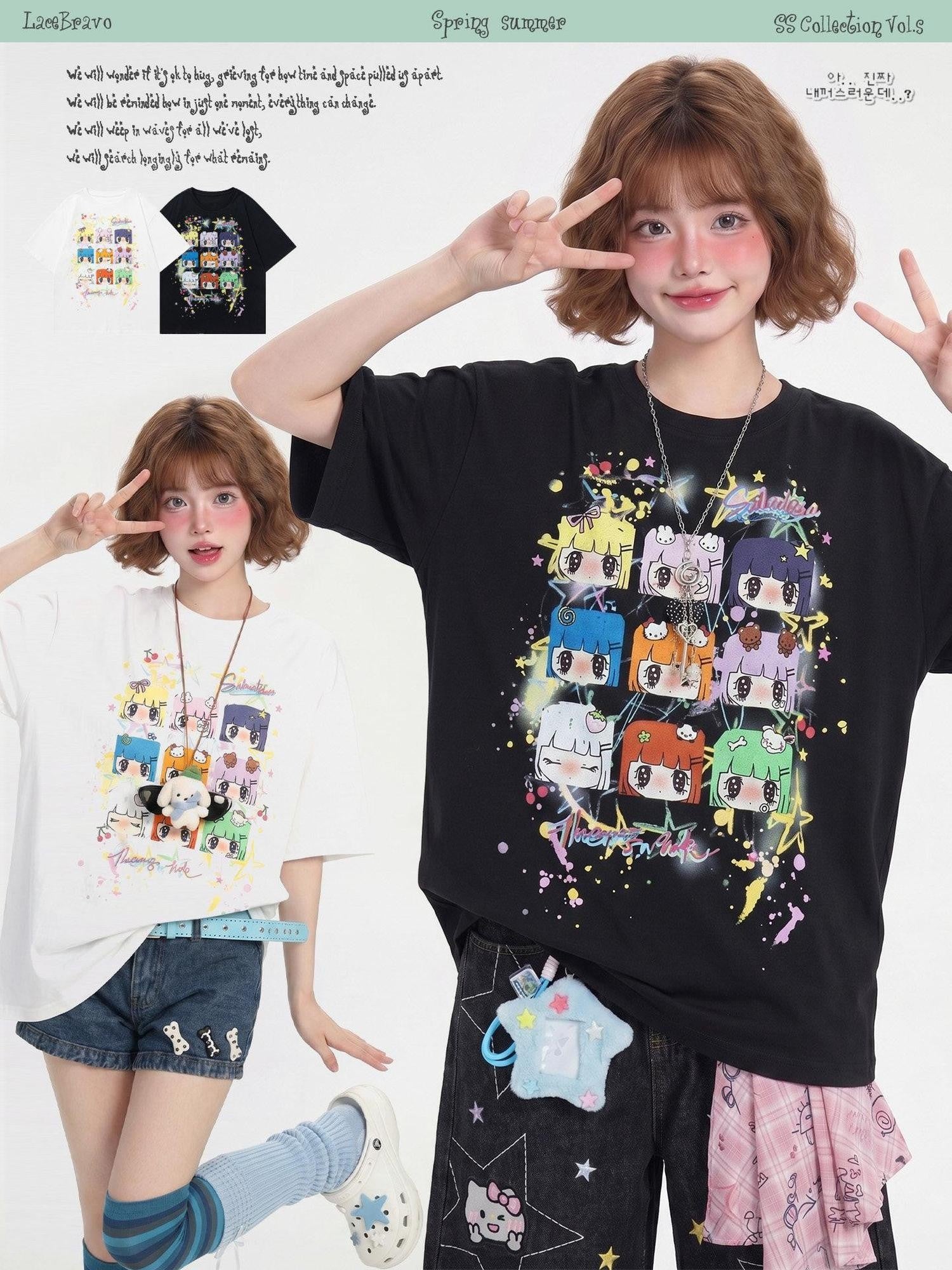 LaceBravo American Girl Dopamine Cartoon Print Short Sleeve Women's Oversized T-shirts