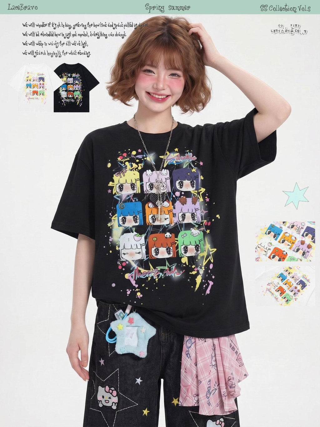 LaceBravo American Girl Dopamine Cartoon Print Short Sleeve Women's Oversized T-shirts