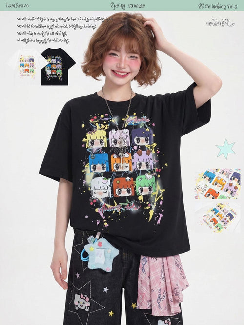 LaceBravo American Girl Dopamine Cartoon Print Short Sleeve Women's Oversized T-shirts