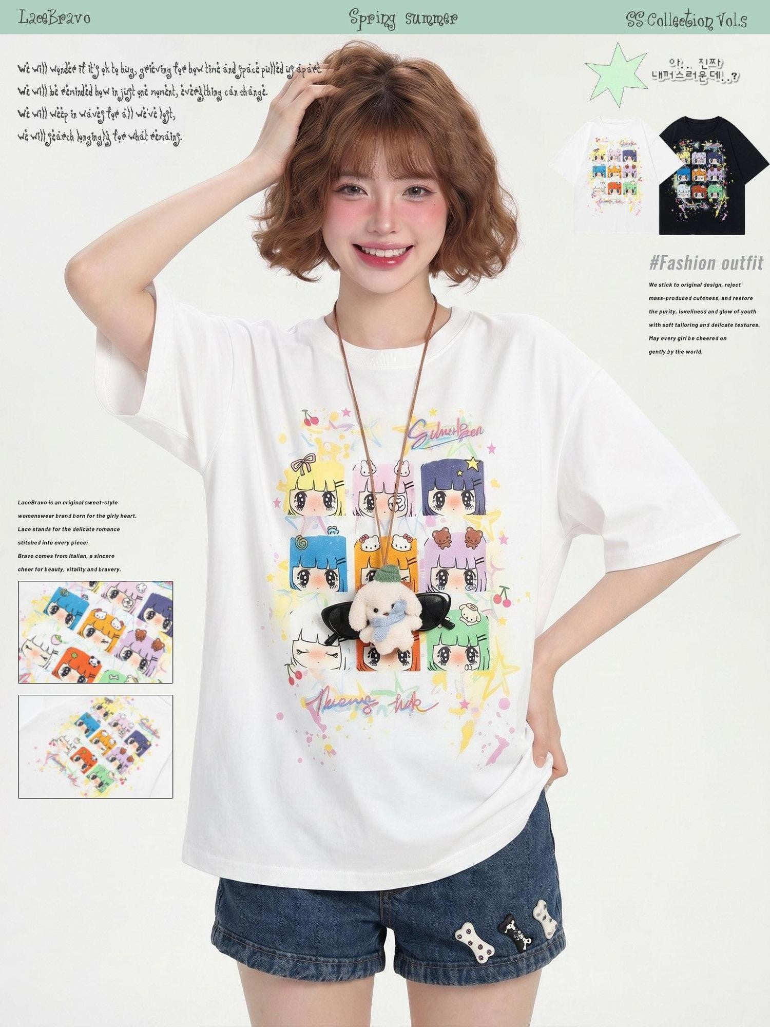 LaceBravo American Girl Dopamine Cartoon Print Short Sleeve Women's Oversized T-shirts