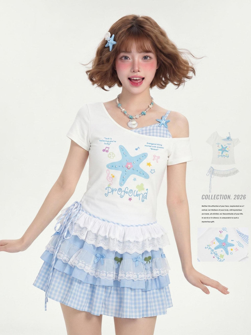 LaceBravo American Star Print Faux Layered Women's Retro Off-shoulder T-shirts