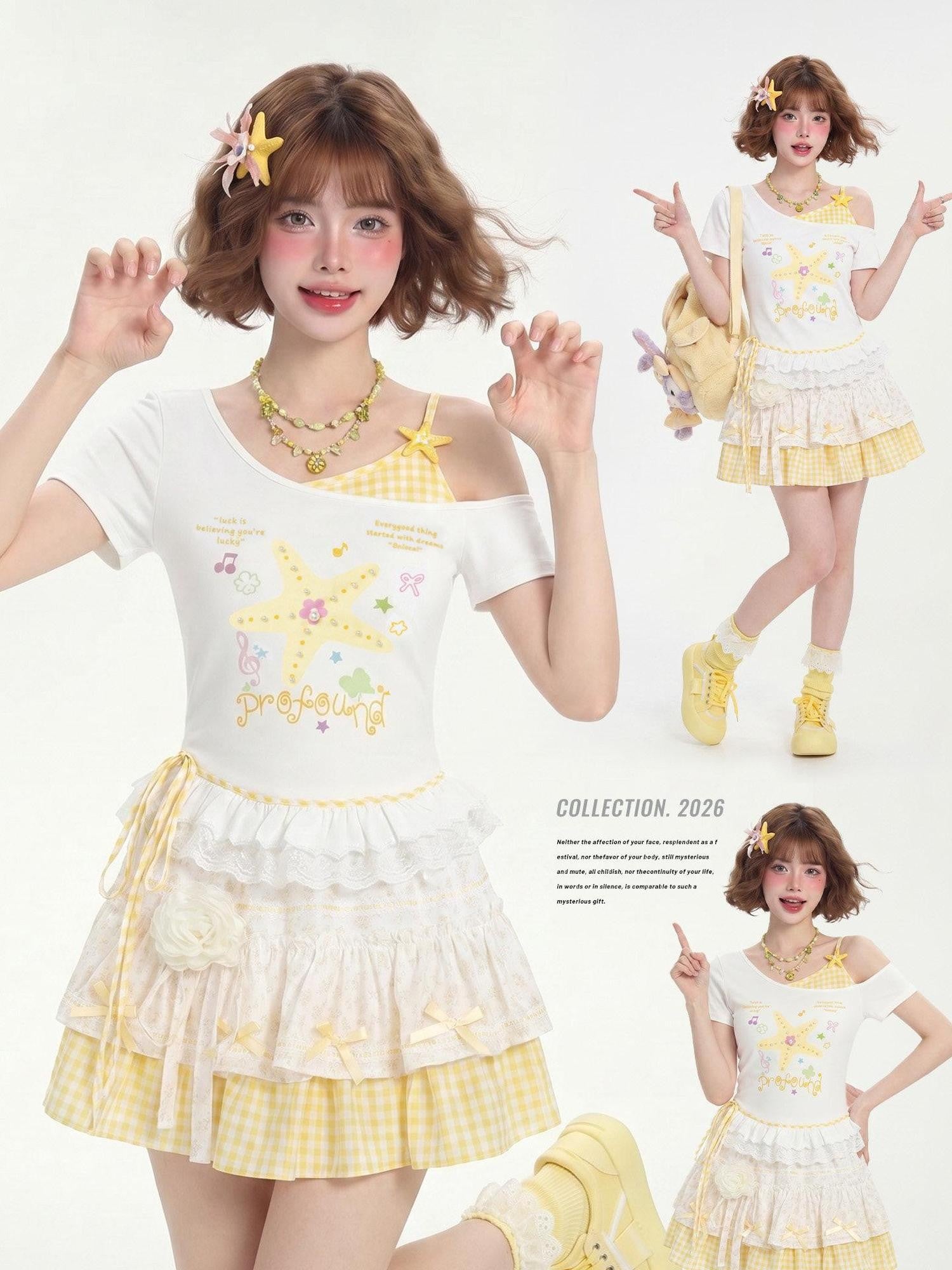 LaceBravo American Star Print Faux Layered Women's Retro Off-shoulder T-shirts
