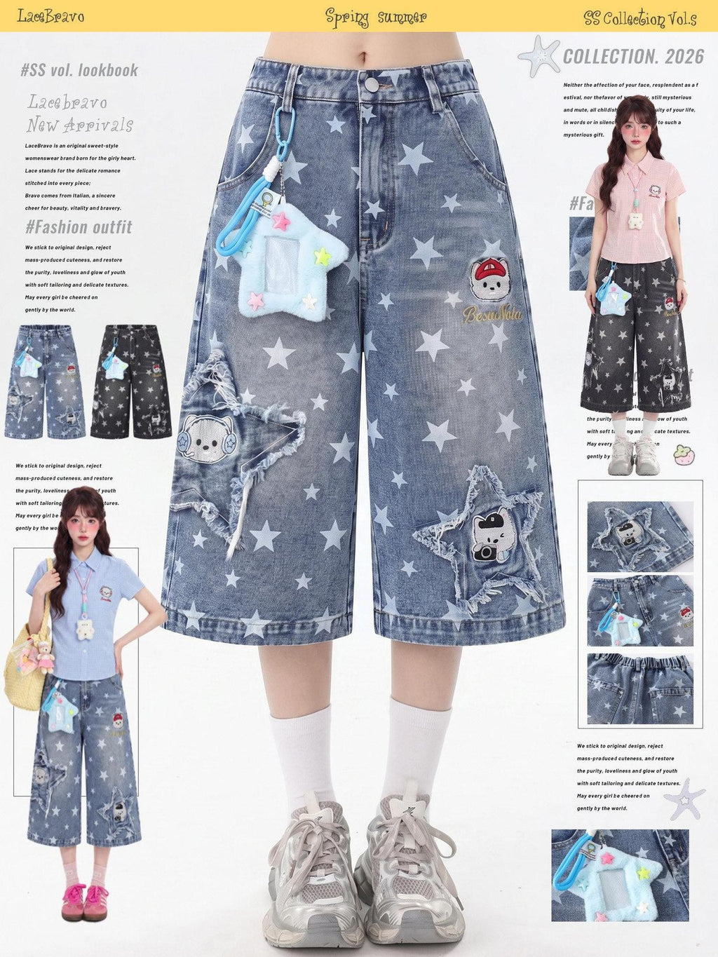 LaceBravo American Star Print Relaxed Slimming Wide Leg Women's Denim Cropped Jeans